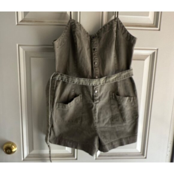 Splendid Large Sage Denim Button-Front Romper W/ Adjustable Straps & Pockets L - Picture 3 of 8